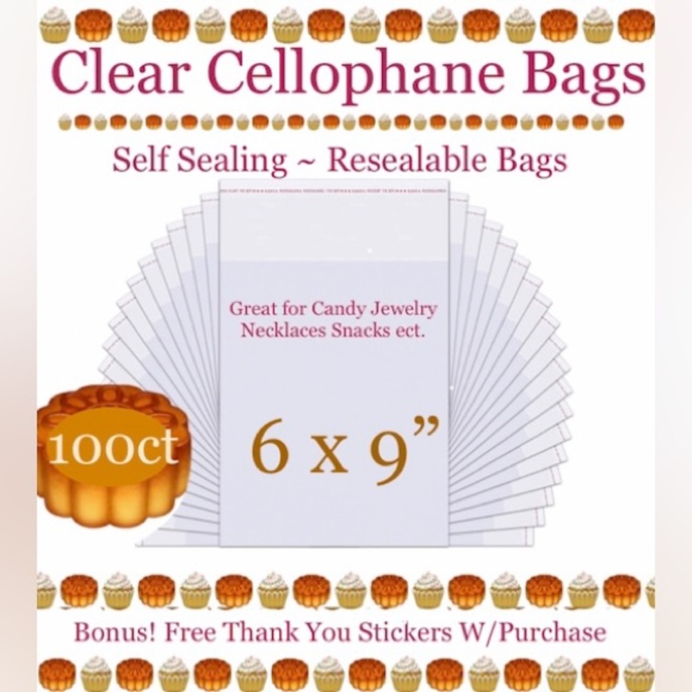 100ct ~6’x9’ Crystal Clear Cello Bags w/100ct Free Thank-You Stickers 🍃🆕🍃